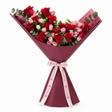 Flowrista red rose bouquet with small cream flowers in burgundy and blush wrapping