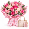 Flowrista pink rose bouquet with cream pearl flower satchel gift set