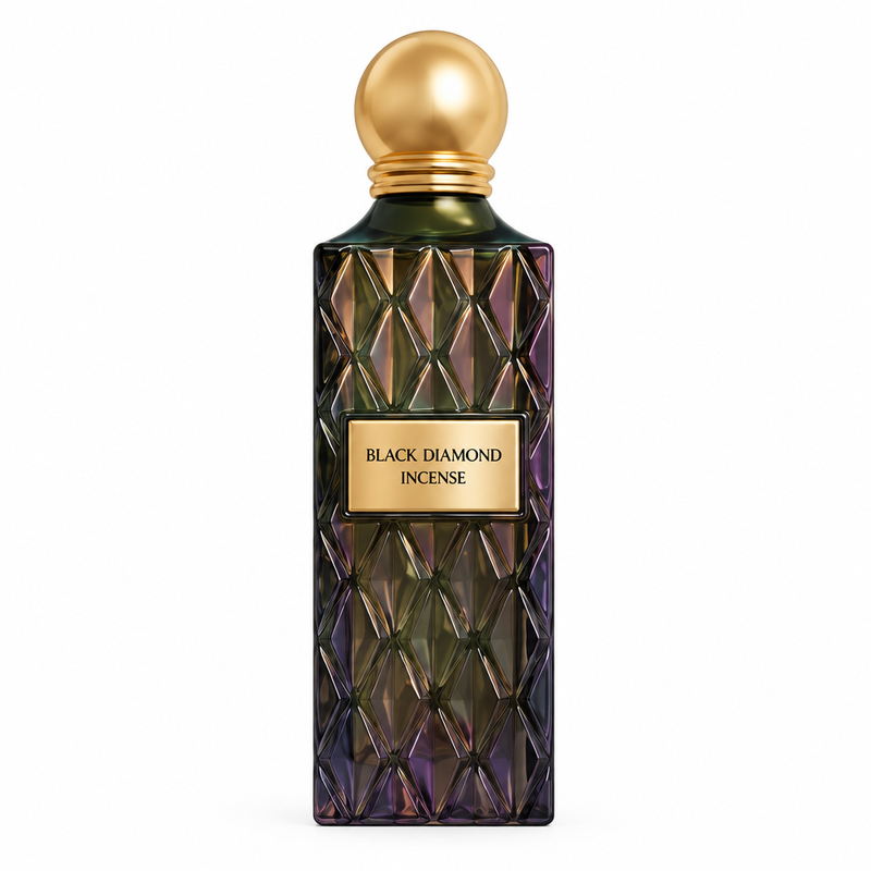 Black Diamond Incense 150 ml dark textured perfume bottle with round gold cap