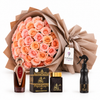 Asser perfume bakhoor and air freshener beside a peach rose bouquet with Flowrista tag