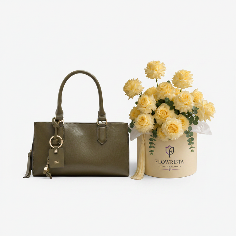 Parfois olive tote bag with Flowrista yellow spray roses box gift set Dubai