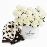 Flowrista white carnations hat box on white background