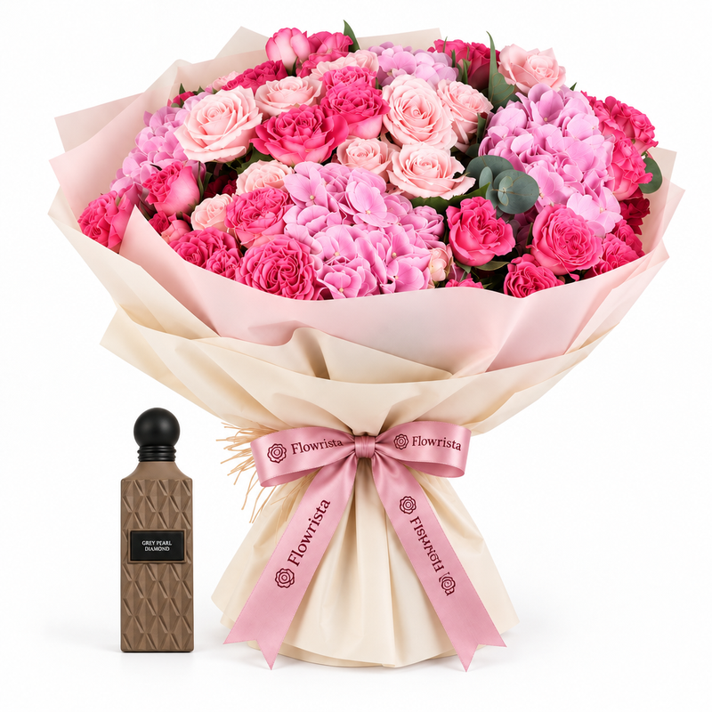 Grey Pearl Diamond 150 ml perfume beside Flowrista pink rose and hydrangea bouquet