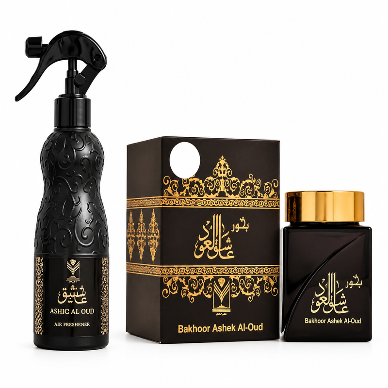 Ashiq Al Oud black air freshener spray and Bakhoor Ashek Al Oud jar with matching box