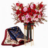 Mango purple printed pleated scarf with Flowrista red and pink roses heart stand luxury gift set