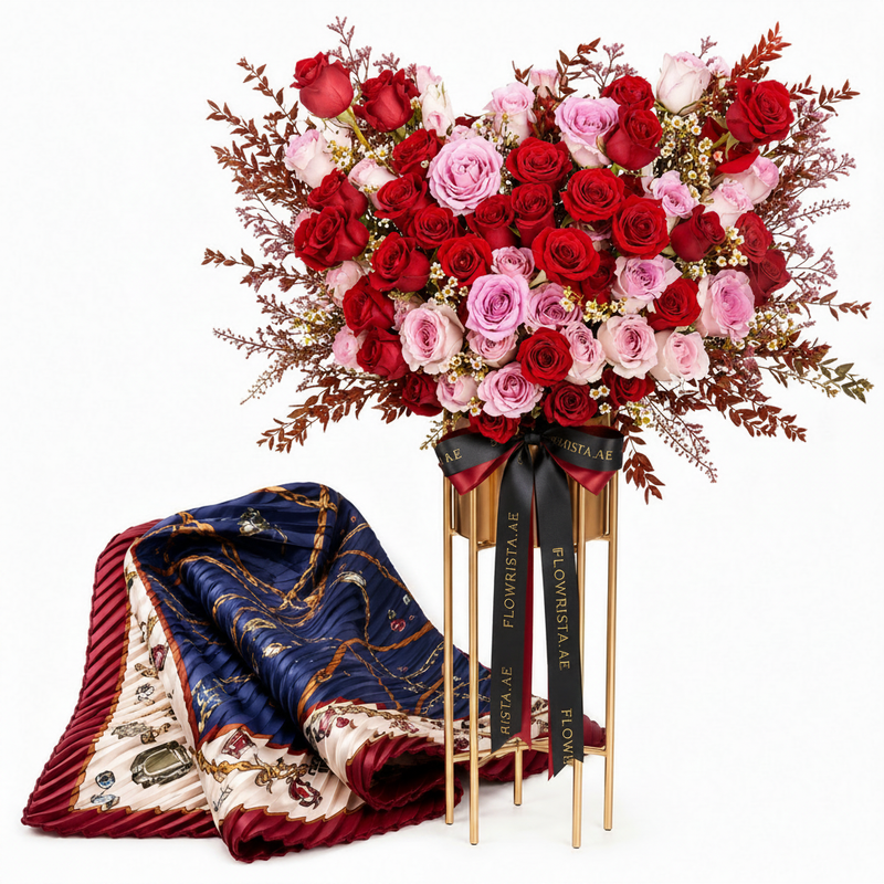 Mango purple printed pleated scarf with Flowrista red and pink roses heart stand luxury gift set