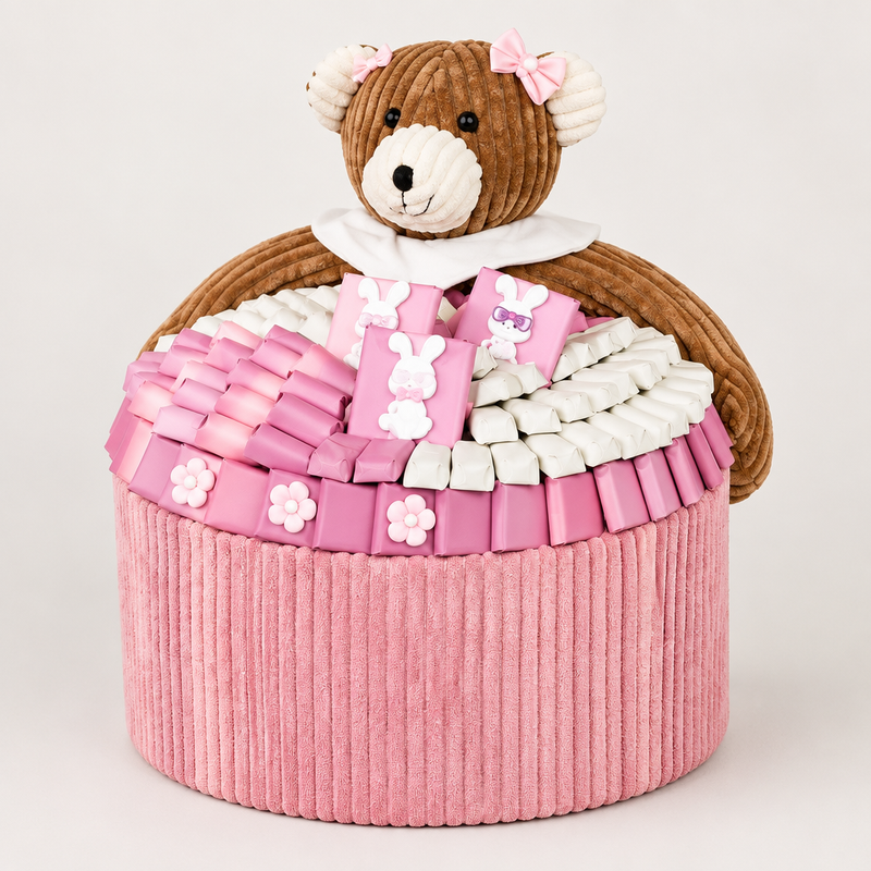 Girl Basket 2 pink and white chocolate gift basket with teddy bear