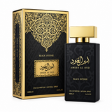 Amir Al Oud Black Intense black perfume bottle with gold cap and matching box