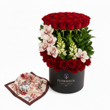 Mango floral print satin scarf with Flowrista red roses and orchids black hat box luxury gift set