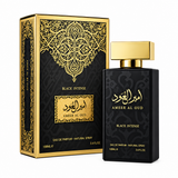 Ameer Al Oud Black Intense 100ml black perfume bottle with gold cap and matching black and gold box