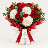 Flowrista red rose and white hydrangea bouquet with red and white ribbons