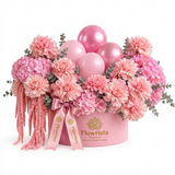 Flowrista pink round flower box with hydrangeas pink blooms satin bow and four pink balloons