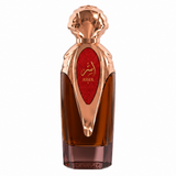 Asser perfume bottle with rose gold cap and red label on a white background