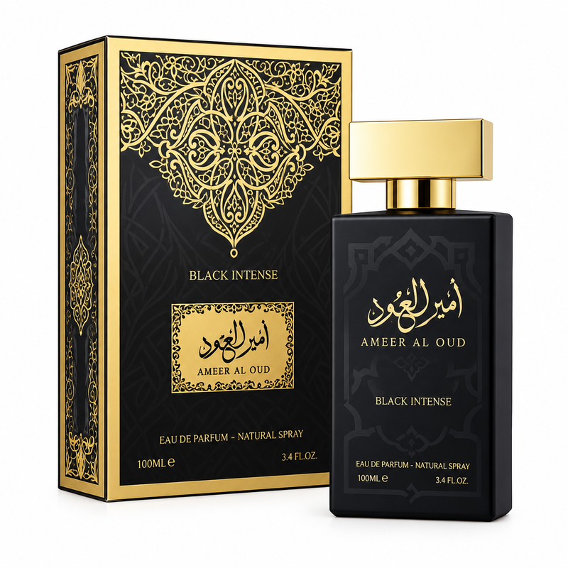 Amir Al Oud Black Intense black perfume bottle with gold cap and black-and-gold presentation box