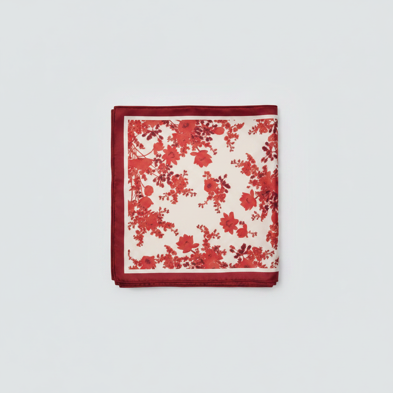 Mango burnt orange and red floral print square satin scarf on white background