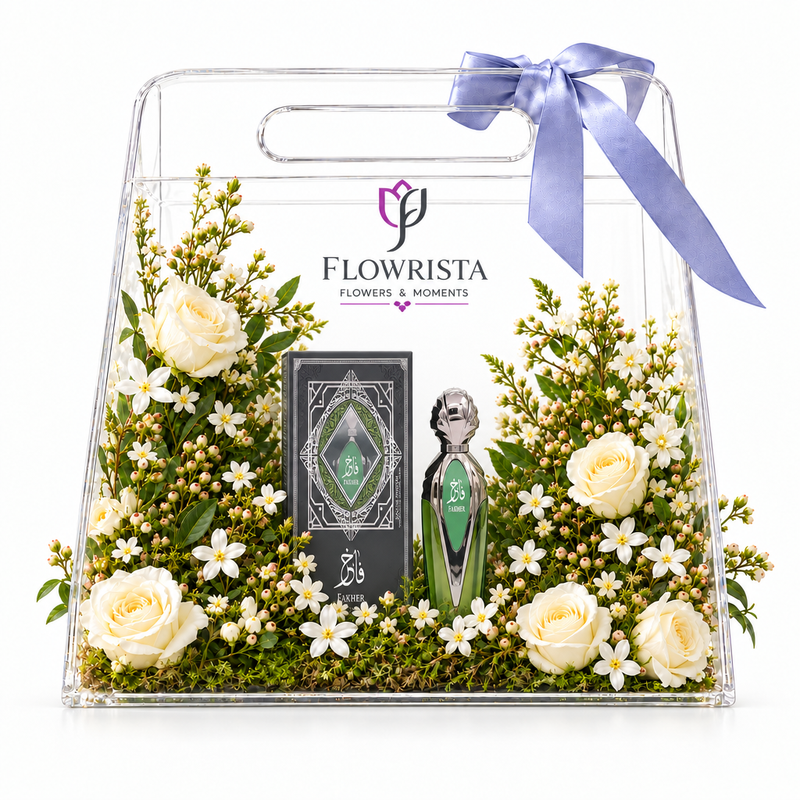 Green and silver Fakher perfume and box with fresh white roses in a clear Flowrista gift bag with lavender ribbon