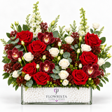 Fresh red and white roses with burgundy orchids and eucalyptus in a rectangular Flowrista flower box