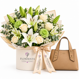 Flowrista white lily and rose box with ALDO Zerina camel satchel gift set