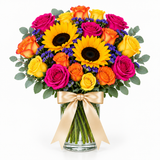 Colorful bouquet with yellow sunflowers, pink orange and yellow roses, purple flowers, and eucalyptus