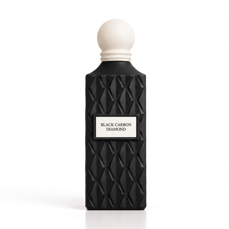 Black Carbon Diamond black faceted perfume bottle with white round cap