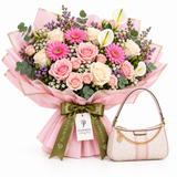 Flowrista pink rose and gerbera bouquet with ALDO light pink shoulder bag gift set