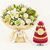 Giovanni pink and ivory chocolate pyramid beside Flowrista white lily and green flower bouquet