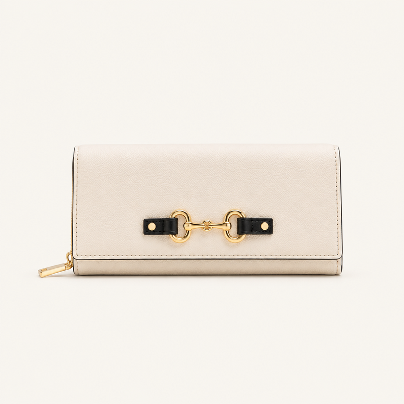 ALDO Olira cream flap wallet with black tabs and gold-tone linked-ring accent