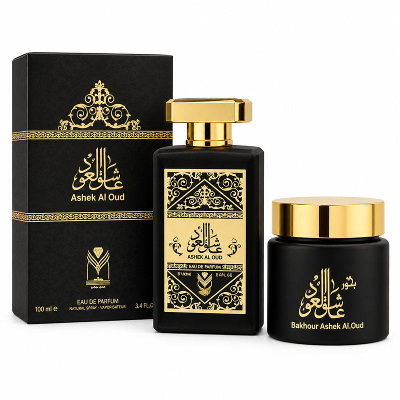 Ashek Al Oud perfume and Bakhour Ashek Al Oud incense jar on a white background