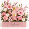 Pink Diamond Sakura perfume with pink roses, gerberas and white lisianthus in a pink Flowrista flower box