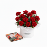 Mango orange floral satin scarf with Flowrista red roses hat box luxury gift set