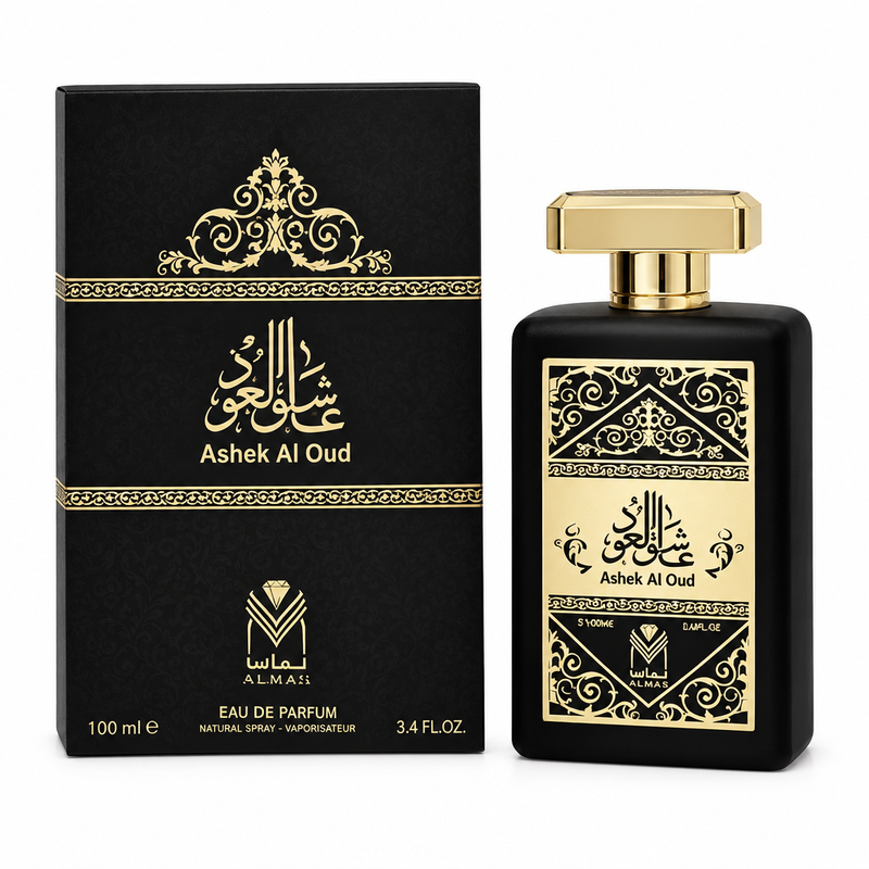 Ashek Al Oud by Almas 100ml eau de parfum bottle and black gold box