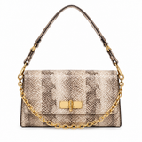 Beige and taupe patterned THALEA shoulder bag with gold-tone chain on white