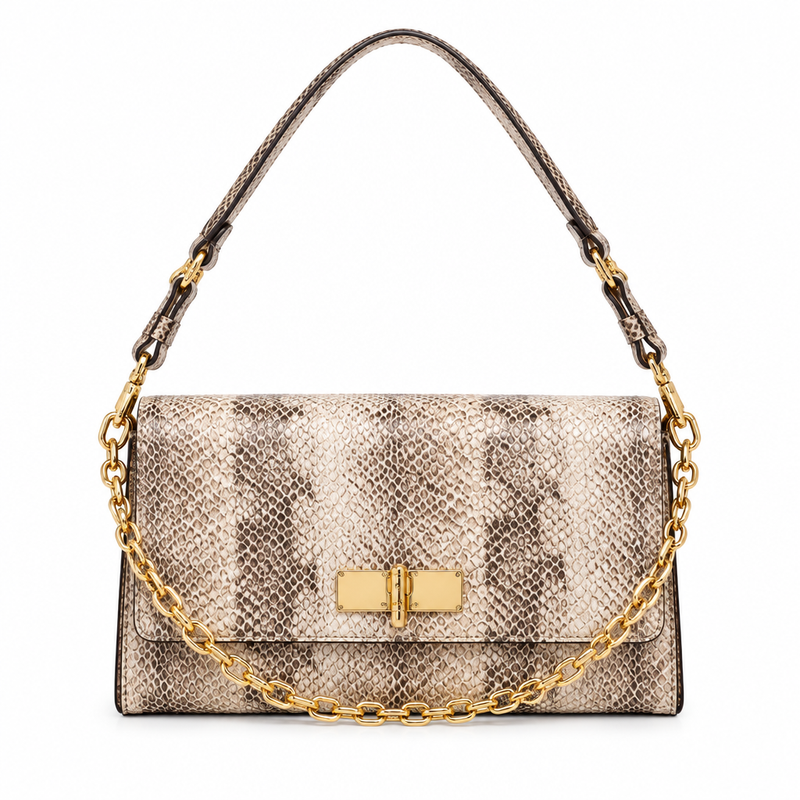 Beige and taupe patterned THALEA shoulder bag with gold-tone chain on white
