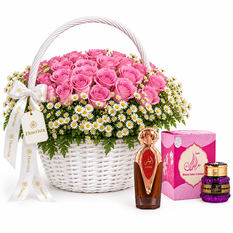 Asser perfume and Saher mamoul beside Flowrista pink rose and white daisy basket