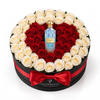 Blue Diamond Aqua perfume nestled in red heart-shaped roses framed by white roses in a black Flowrista hatbox