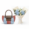 Parfois striped tote bag with Flowrista blue hydrangea and white roses bouquet