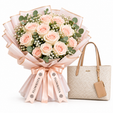 Flowrista peach rose bouquet with ALDO Ysabelle cream tote gift set