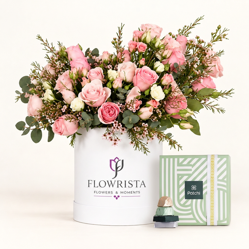 Patchi 1kg chocolate gift box beside pink and cream flowers in a white Flowrista box