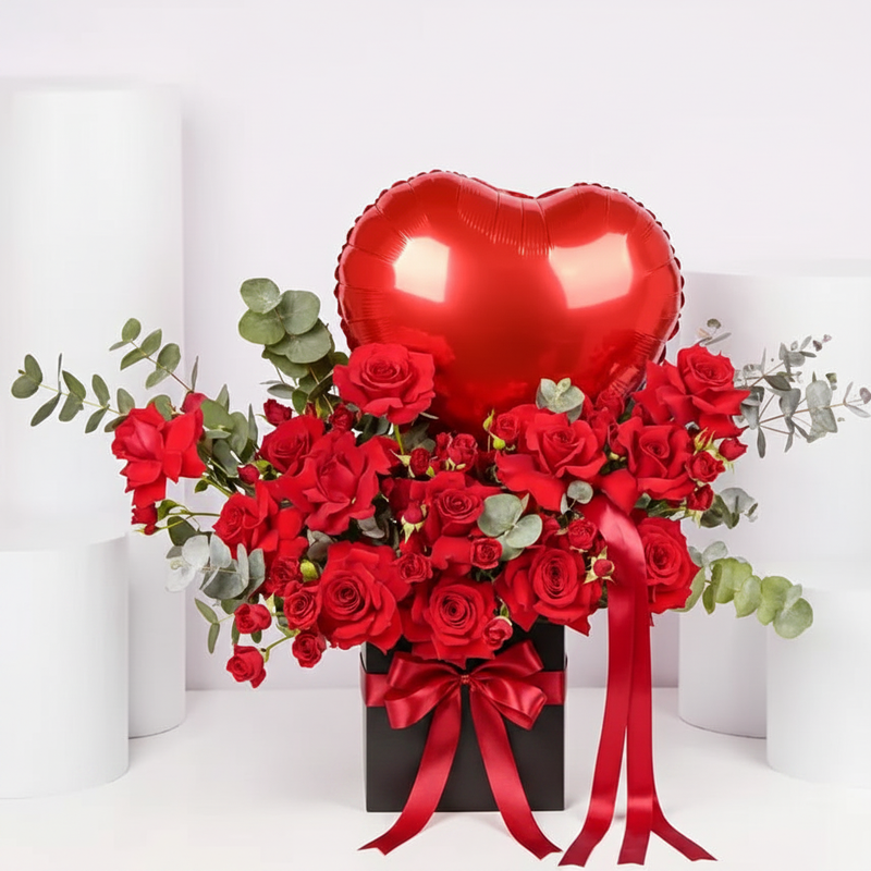 Flowrista Forever Love red rose box with heart balloon and red satin ribbon