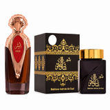Asser perfume with Bakhoor Ashek Al Oud jar and matching box on a white background