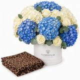 Mango chocolate leopard print foulard with Flowrista blue and white hydrangeas hat box luxury gift set