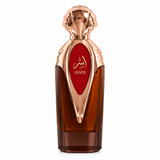 Asser perfume amber-brown bottle with rose-gold cap and red label