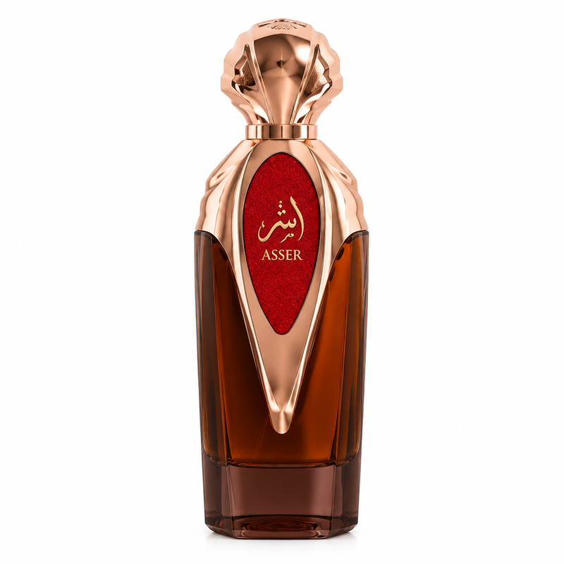 Asser perfume amber-brown bottle with rose-gold cap and red label