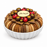 Caramelized sesame tray with decorated chocolate topping in a white faceted plate