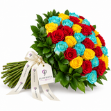 Red, yellow and turquoise-blue roses with greenery, ivory ribbon and Flowrista branded tag