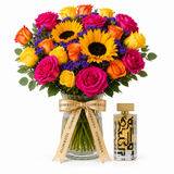 Amir Al Oud Gold perfume beside a Flowrista sunflower and colourful rose vase