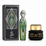 Fakher green and silver perfume bottle with presentation box and Mamoul Ashiq Al.Oud black jar with gold lid