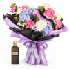 Black Diamond Incense 150 ml perfume with Flowrista pink and cream roses and blue hydrangea bouquet