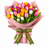 Flowrista multicolour tulip bouquet in dusty pink wrapping with pink and olive-green ribbons