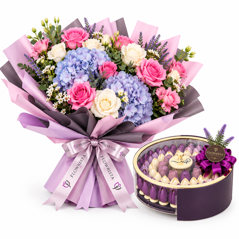 Giovanni purple luxury acrylic chocolate box beside Flowrista pink rose and lilac hydrangea bouquet